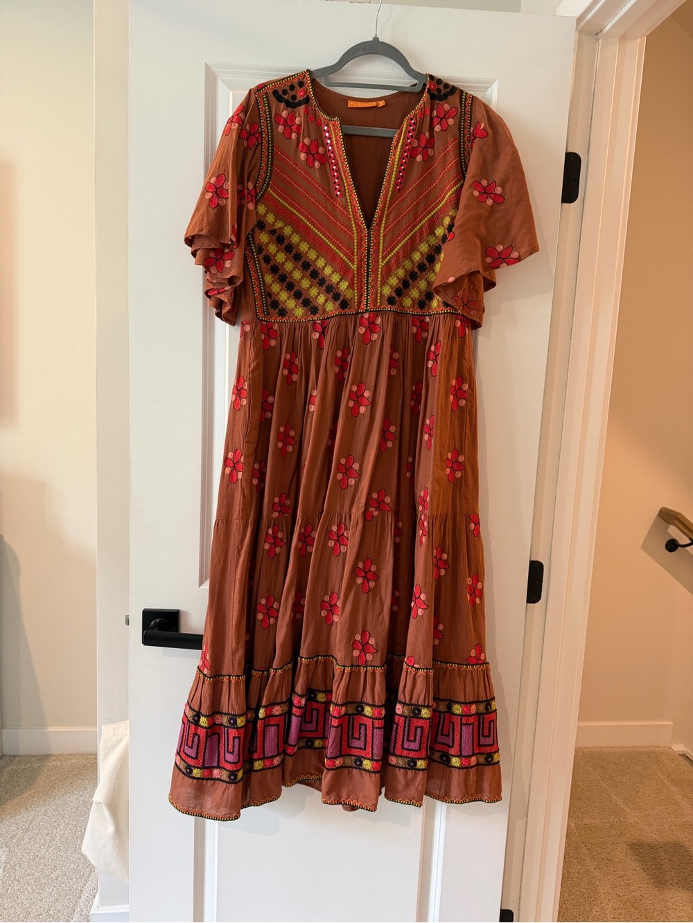 Oliphant Brown Maxi Dress with Floral Embroidery